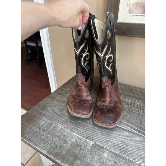 Old West Leather Cowboy Boots Child Youth Broad Square Toe Brown BSY1807 Sz 7 - Picture 2 of 5